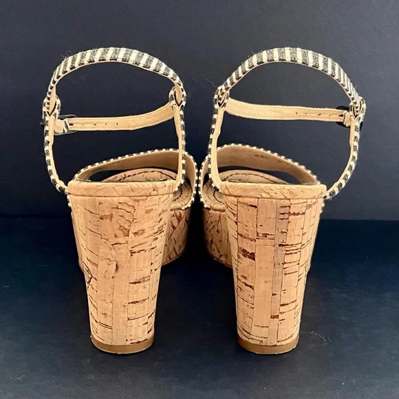 CHANEL Vintage Authentic Striped Fabric Platform Wedge Sandals w/ Cork Sole - Picture 10 of 15